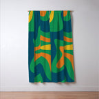 Retro Liquid Swirl Abstract Pattern in 70s Green, Blue, Orange, Yellow Window Curtain Gallery Image 3