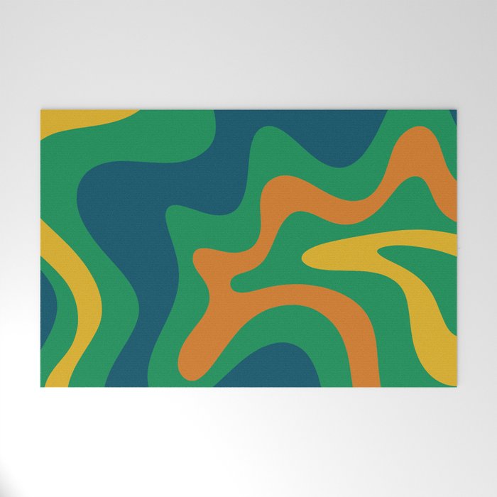 Retro Liquid Swirl Abstract Pattern in 70s Green, Blue, Orange, Yellow Welcome Mat Gallery Image 1