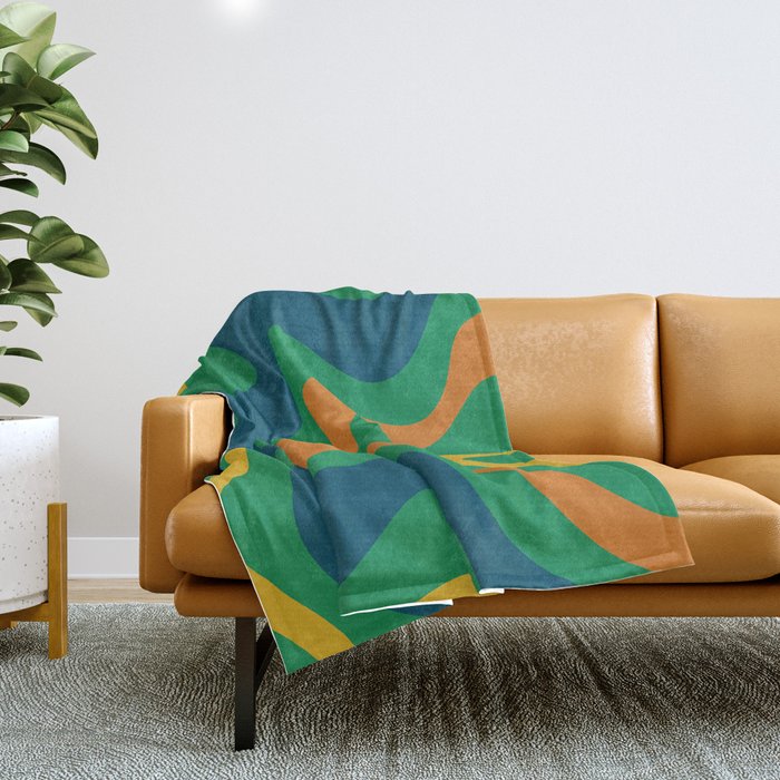 Retro Liquid Swirl Abstract Pattern in 70s Green, Blue, Orange, Yellow Throw Blanket Gallery Image 1