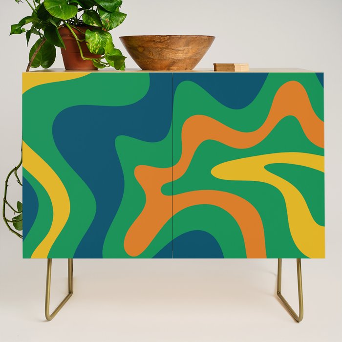Retro Liquid Swirl Abstract Pattern in 70s Green, Blue, Orange, Yellow Credenza Gallery Image 1