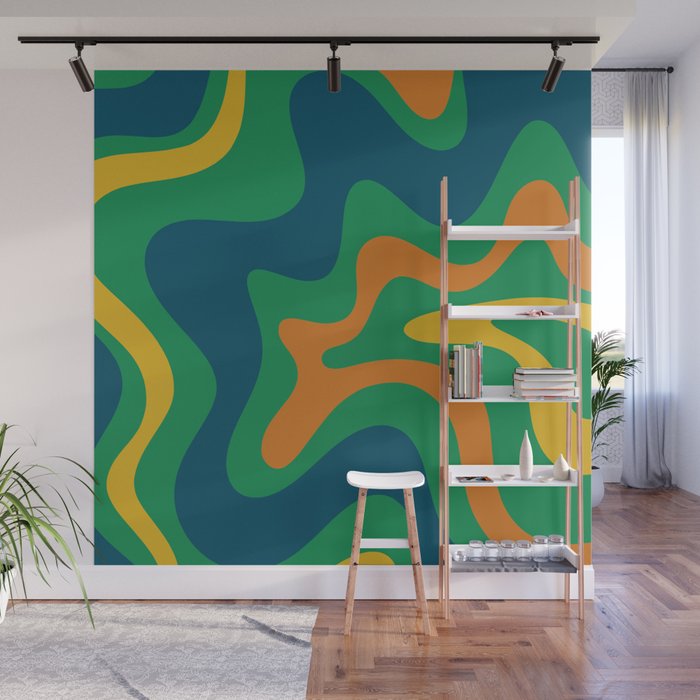Retro Liquid Swirl Abstract Pattern in 70s Green, Blue, Orange, Yellow Wall Mural Gallery Image 1