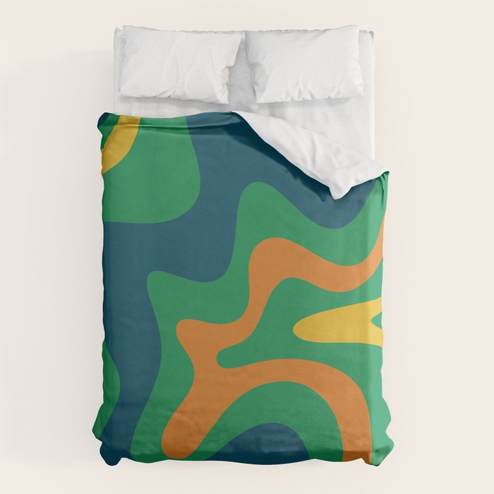 Retro Liquid Swirl Abstract Pattern in 70s Green, Blue, Orange, Yellow Duvet Cover Gallery Image 6