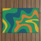 Retro Liquid Swirl Abstract Pattern in 70s Green, Blue, Orange, Yellow Outdoor Rug Gallery Image 1