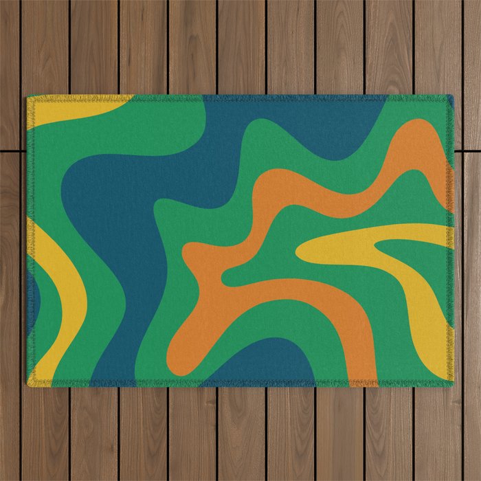 Retro Liquid Swirl Abstract Pattern in 70s Green, Blue, Orange, Yellow Outdoor Rug Gallery Image 1