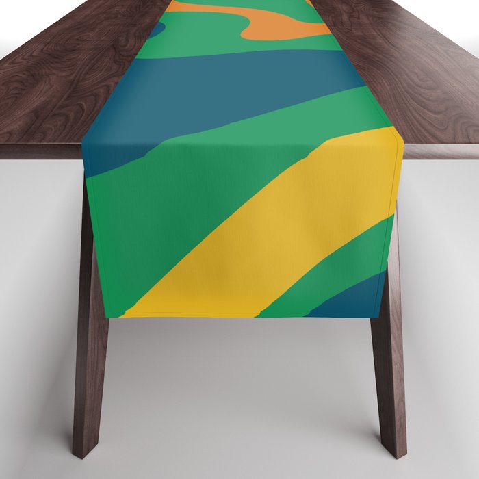 Retro Liquid Swirl Abstract Pattern in 70s Green, Blue, Orange, Yellow Table Runner Gallery Image 1