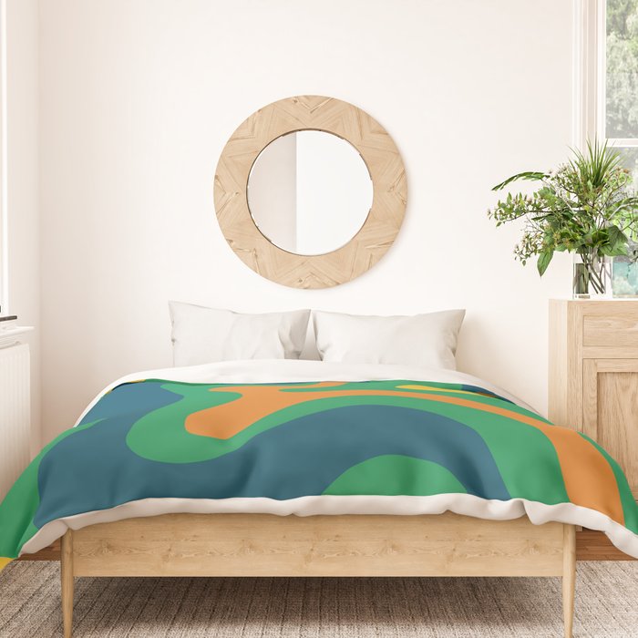 Retro Liquid Swirl Abstract Pattern in 70s Green, Blue, Orange, Yellow Duvet Cover Gallery Image 3