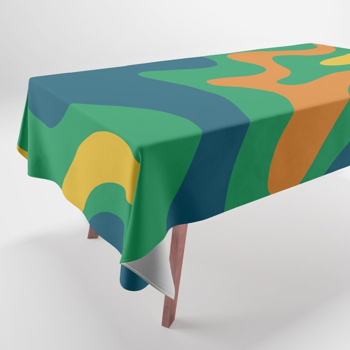 Retro Liquid Swirl Abstract Pattern in 70s Green, Blue, Orange, Yellow Tablecloth Gallery Image 1