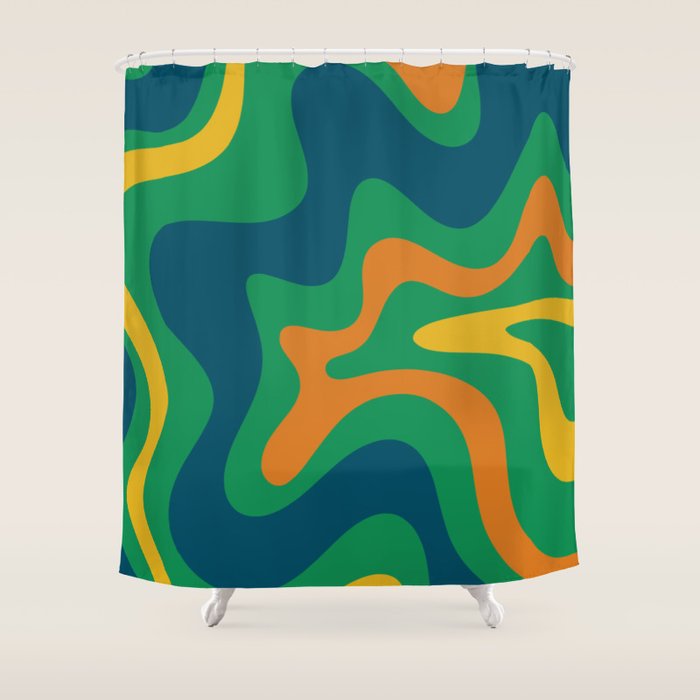 Retro Liquid Swirl Abstract Pattern in 70s Green, Blue, Orange, Yellow Shower Curtain Gallery Image 1
