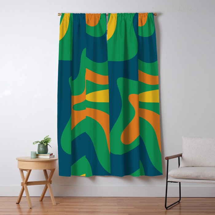 Retro Liquid Swirl Abstract Pattern in 70s Green, Blue, Orange, Yellow Window Curtain Gallery Image 1