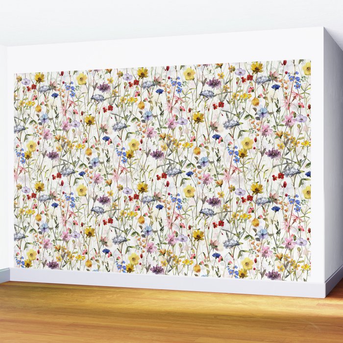 Scandinavian Colorful Midsummer Dried Wildflowers Watercolor Meadow  14 Wall Mural Gallery Image 2