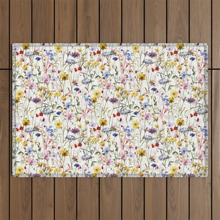 Scandinavian Colorful Midsummer Dried Wildflowers Watercolor Meadow  14 Outdoor Rug Gallery Image 1
