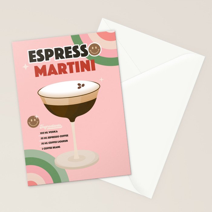 Espresso Martini Italian Retro Cocktail - Red Green Pink Stationery Card Gallery Image 2
