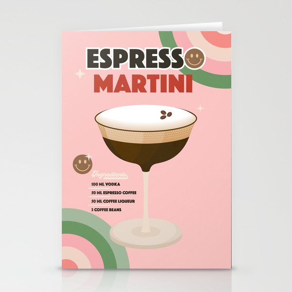 Espresso Martini Italian Retro Cocktail - Red Green Pink Stationery Card Gallery Image 2