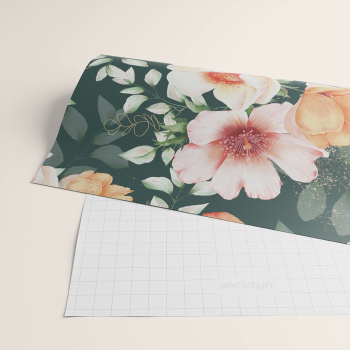 Peach Florals with Painted Speckles on Dark Green Wrapping Paper Gallery Image 2