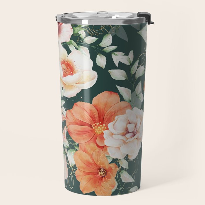 Peach Florals with Painted Speckles on Dark Green Travel Mug Gallery Image 2