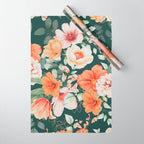 Peach Florals with Painted Speckles on Dark Green Wrapping Paper Gallery Image 1