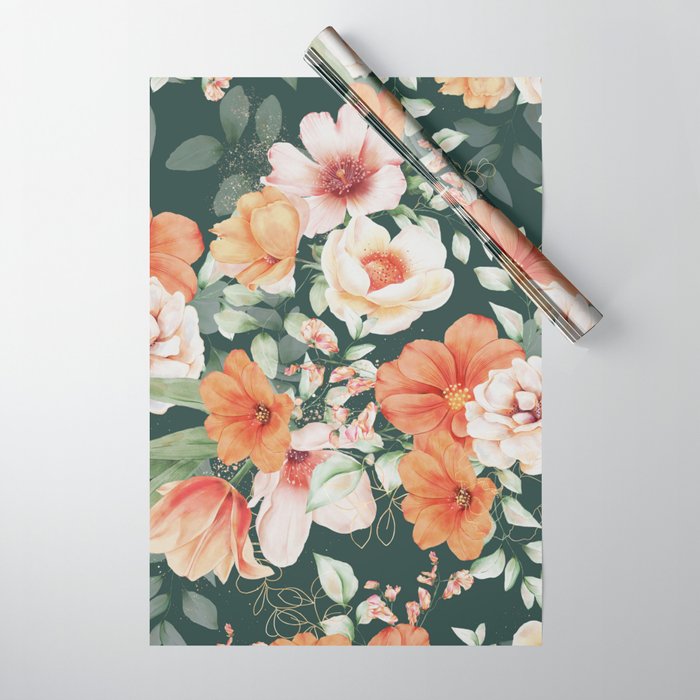 Peach Florals with Painted Speckles on Dark Green Wrapping Paper Gallery Image 1
