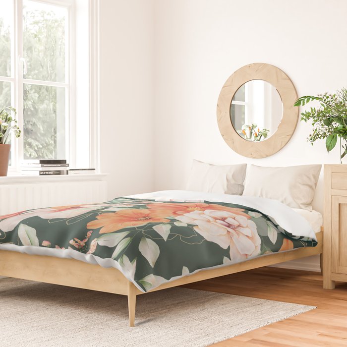 Peach Florals with Painted Speckles on Dark Green Duvet Cover Gallery Image 2