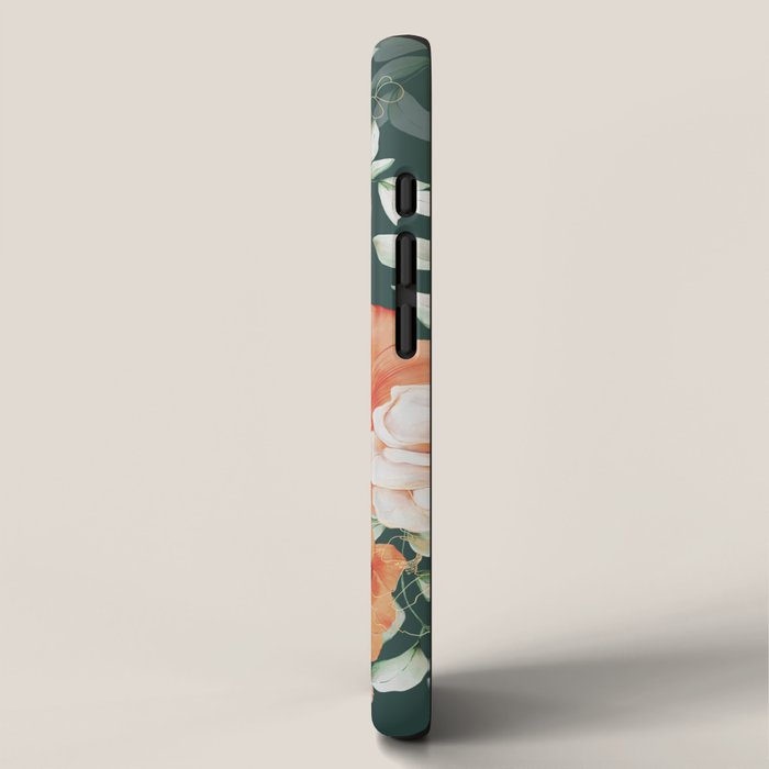 Peach Florals with Painted Speckles on Dark Green iPhone Case Gallery Image 2