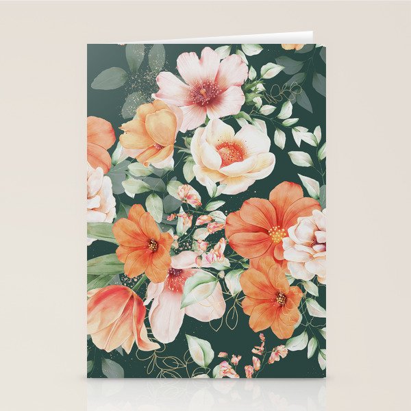 Peach Florals with Painted Speckles on Dark Green Stationery Card Gallery Image 2