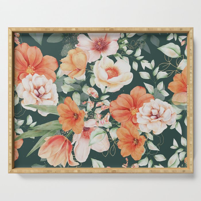 Peach Florals with Painted Speckles on Dark Green Serving Tray Gallery Image 1