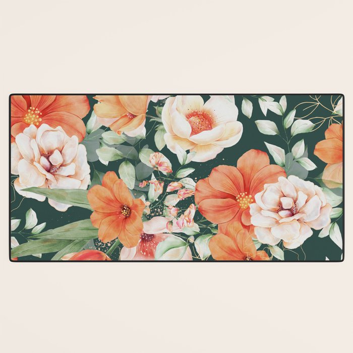 Peach Florals with Painted Speckles on Dark Green Desk Mat Gallery Image 3