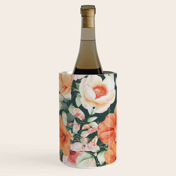 Peach Florals with Painted Speckles on Dark Green Wine Chiller Gallery Image 1