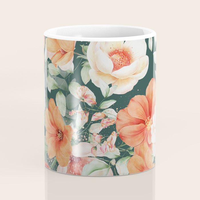 Peach Florals with Painted Speckles on Dark Green Coffee Mug Gallery Image 4