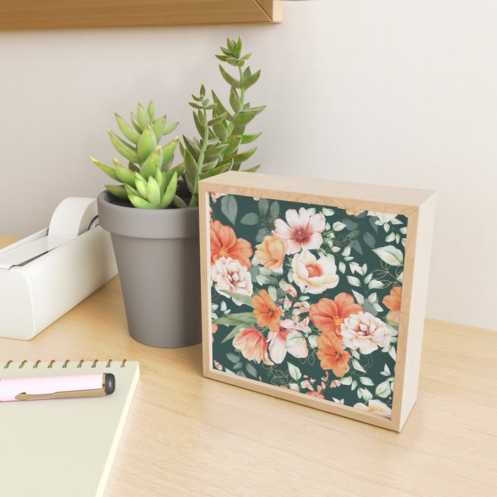 Peach Florals with Painted Speckles on Dark Green Mini Art Print Gallery Image 2