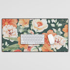 Peach Florals with Painted Speckles on Dark Green Desk Mat Gallery Image 1