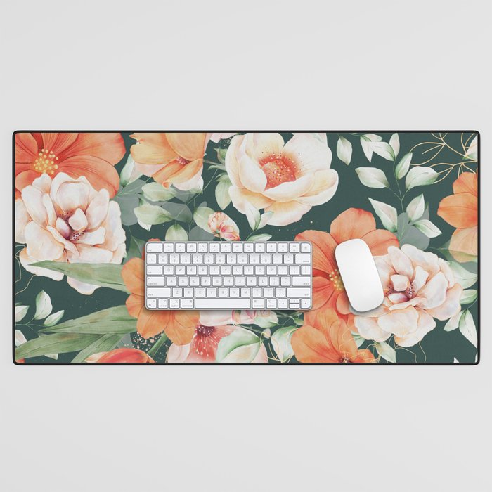 Peach Florals with Painted Speckles on Dark Green Desk Mat Gallery Image 1