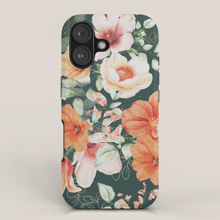Peach Florals with Painted Speckles on Dark Green iPhone Case Gallery Image 1