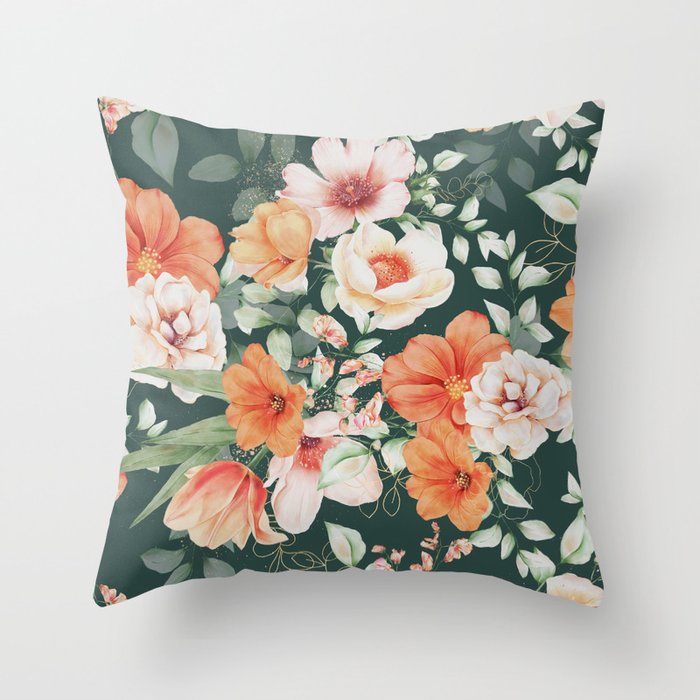 Peach Florals with Painted Speckles on Dark Green Throw Pillow Gallery Image 6