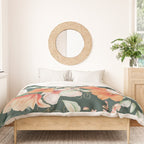 Peach Florals with Painted Speckles on Dark Green Duvet Cover Gallery Image 3