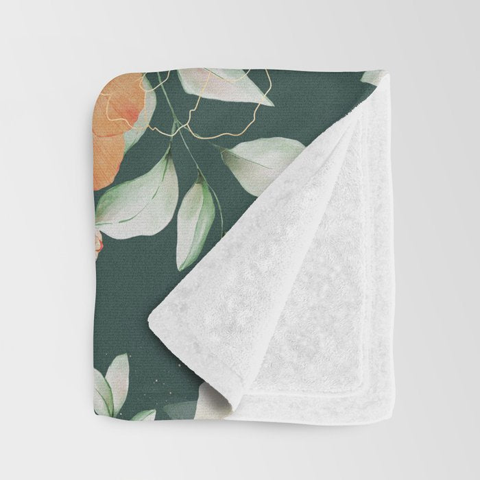 Peach Florals with Painted Speckles on Dark Green Throw Blanket Gallery Image 3