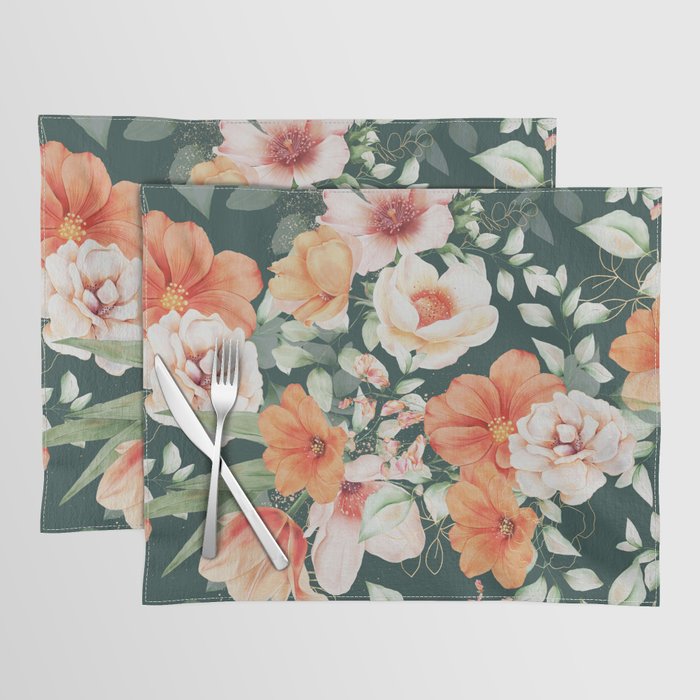 Peach Florals with Painted Speckles on Dark Green Placemat Gallery Image 1