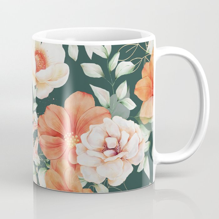 Peach Florals with Painted Speckles on Dark Green Coffee Mug Gallery Image 1