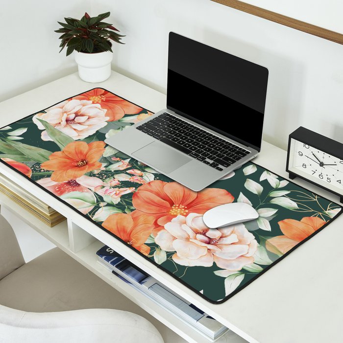 Peach Florals with Painted Speckles on Dark Green Desk Mat Gallery Image 2
