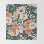 Peach Florals with Painted Speckles on Dark Green Throw Blanket Gallery Image 2