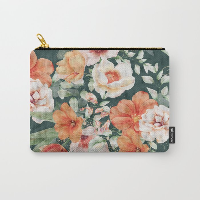 Peach Florals with Painted Speckles on Dark Green Carry All Pouch Gallery Image 1