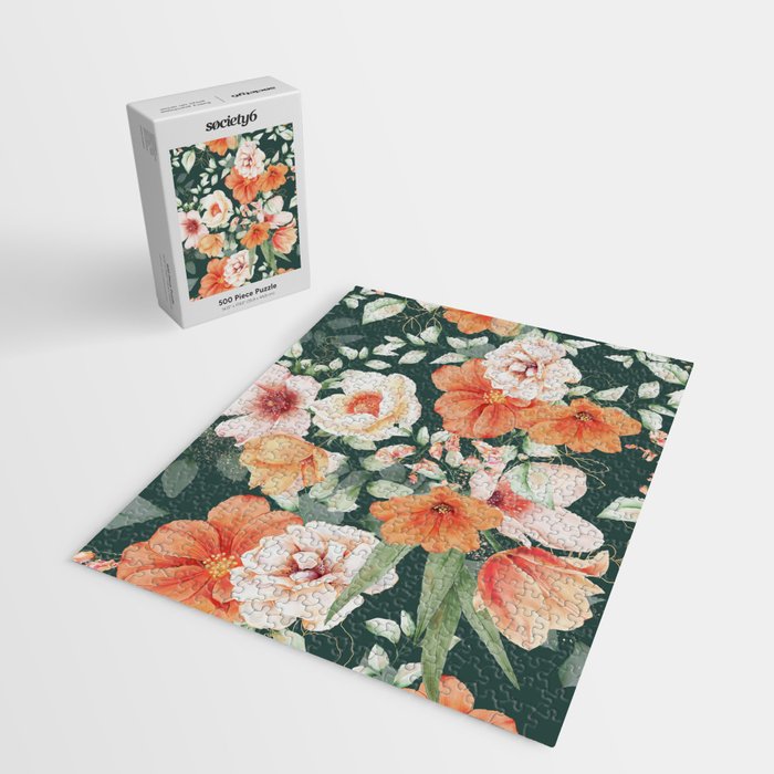 Peach Florals with Painted Speckles on Dark Green Jigsaw Puzzle Gallery Image 2