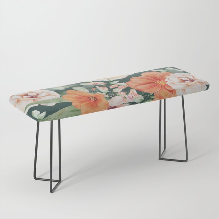 Peach Florals with Painted Speckles on Dark Green Bench Gallery Image 1