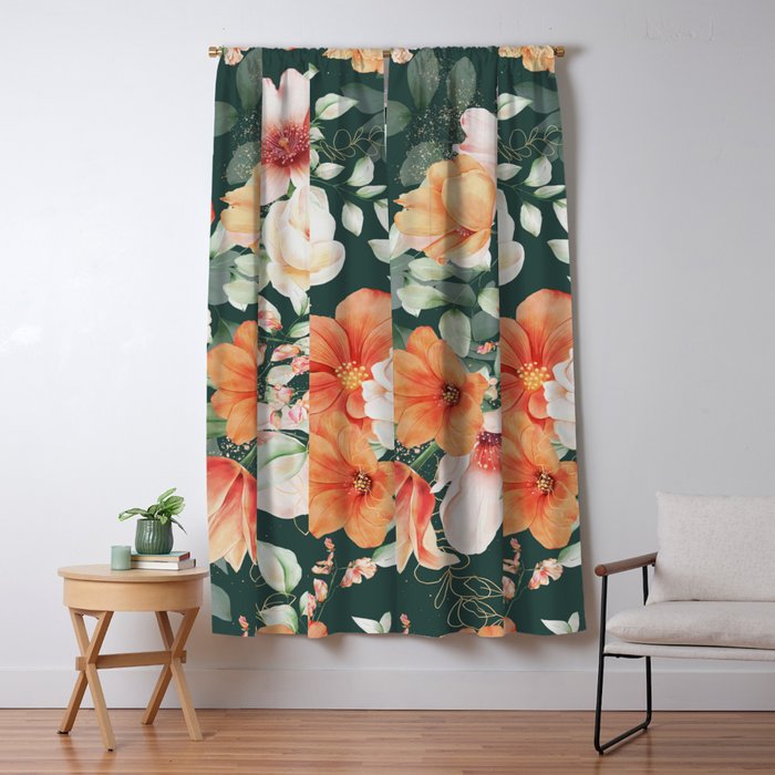 Peach Florals with Painted Speckles on Dark Green Window Curtain Gallery Image 5
