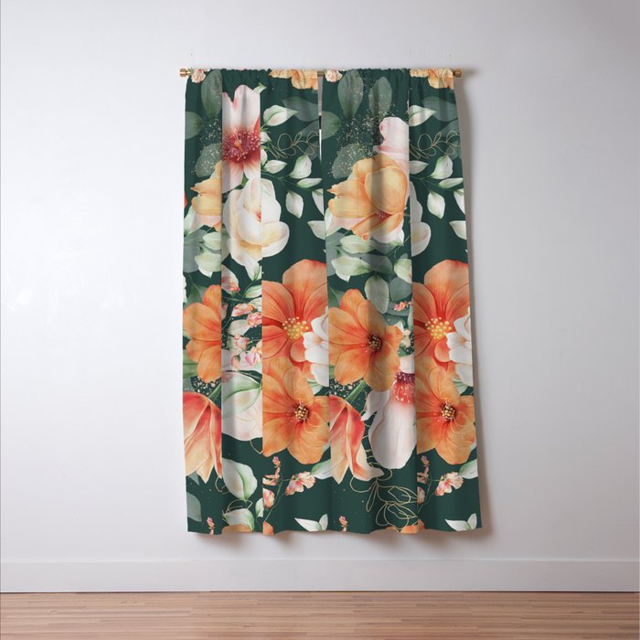 Peach Florals with Painted Speckles on Dark Green Window Curtain Gallery Image 3