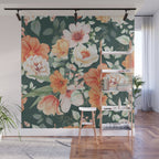 Peach Florals with Painted Speckles on Dark Green Wall Mural Gallery Image 1