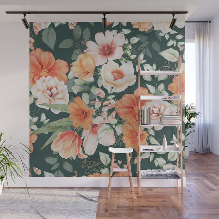 Peach Florals with Painted Speckles on Dark Green Wall Mural Gallery Image 1
