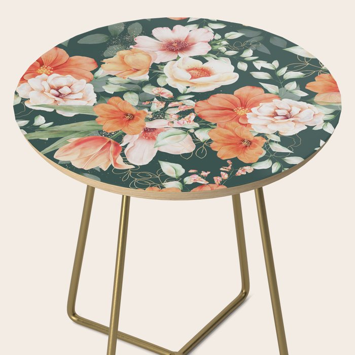 Peach Florals with Painted Speckles on Dark Green Side Table Gallery Image 2