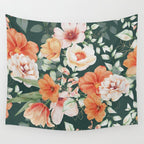 Peach Florals with Painted Speckles on Dark Green Wall Tapestry Gallery Image 4