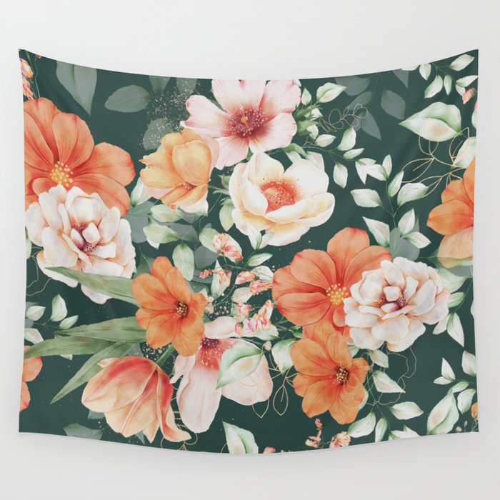 Peach Florals with Painted Speckles on Dark Green Wall Tapestry Gallery Image 4