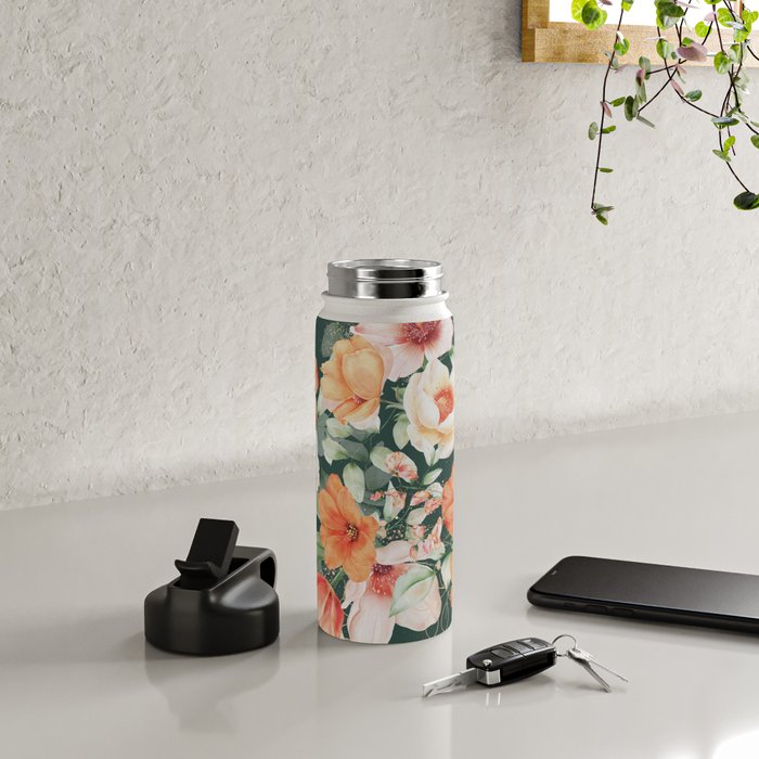 Peach Florals with Painted Speckles on Dark Green Water Bottle Gallery Image 4